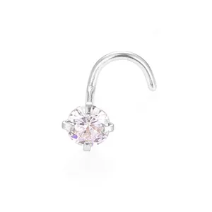 Stainless steel curved nose ring stud with sparkling round cubic zirconia crystal detail view.