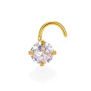 Gold stainless steel nose ring with sparkling clear round zirconia prong set body piercing stud.