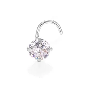 Detailed close-up of a sparkling pink cubic zirconia nose stud with durable stainless steel shaft.