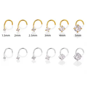 316L Stainless Steel Claw-Set Round Zirconia Nose Stud Curved S-Bar Nose Ring Body Piercing Jewelry For Women Men Gold Silver Zirconia Piercing Accessories