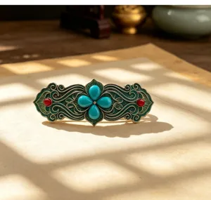 Elegante fermaglio per capelli stile palazzo vintage con turchese e smalto motivo nuvola.