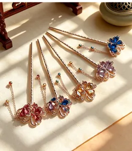 Chinese style crystal butterfly rhinestone tassel hairpin traditional hair ornament detail