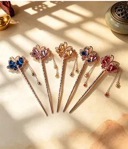 Chinese style vintage rhinestone butterfly tassel hair stick elegant antique hair jewelry for women