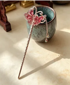 Exquisite Chinese style vintage rhinestone butterfly tassel hair stick for Hanfu styling