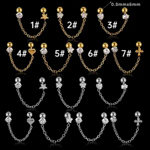 Boucles d'oreilles cartilage double chaîne en acier inoxydable avec oxydes de zirconium.