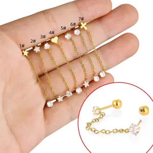 Boucles d'oreilles double clou chaîne acier 316L étoile cœur zircon piercing cartilage