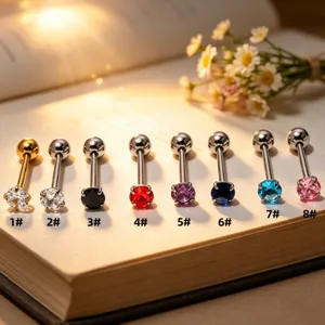 316L Stainless Steel Prong Setting Colorful Zirconia Tongue Piercing Ring Unisex Geometric Round Body Piercing Jewelry
