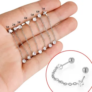 Boucles d'Oreilles Doubles Clous en Acier Inoxydable 316L Avec Chaîne Cœur Étoile Croix Strass Piercing Cartilage Bijoux Punk pour Femmes Hommes