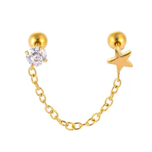 Vue détaillée de piercing cartilage en acier inoxydable doré avec zircone et pendentif étoile.