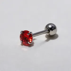 Stainless steel tongue ring with red sparkling cubic zirconia for body piercing jewelry