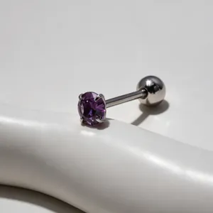 Stainless steel tongue ring body piercing jewelry with purple cubic zirconia crystal.