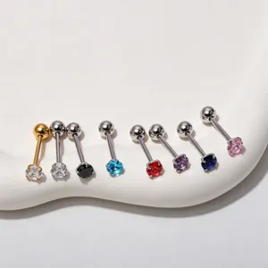 Stainless steel barbell body piercing jewelry set with colorful 4-prong cubic zirconia stones.