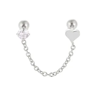 Boucle d'oreille chaîne double en acier inoxydable avec zircone ronde et pendentif cœur.