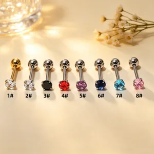Stainless steel barbell tongue ring with colorful zircon, body piercing jewelry 8 colors