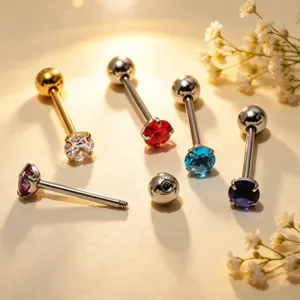 Stainless steel barbell tongue ring featuring 4-prong sparkling colorful cubic zirconia.