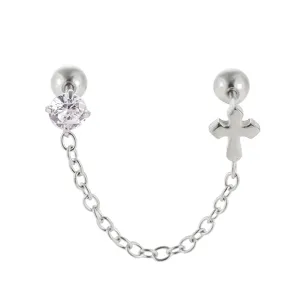 Boucle d'oreille double chaîne en acier inoxydable avec zircons et croix pour piercing hélix.