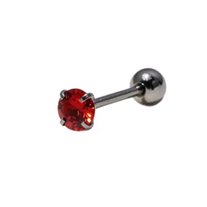 Stainless steel body piercing tongue ring featuring sparkling red zircon gemstone and ball.