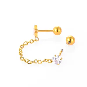 Boucle d'oreille double chaîne en acier inoxydable avec zircon et étoile pour cartilage.
