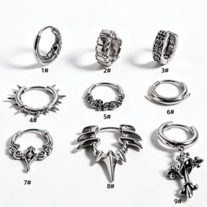 Punk retro roestvrijstalen creolen set, gotisch kruis en dolk ontwerp sieraden voor heren dames.