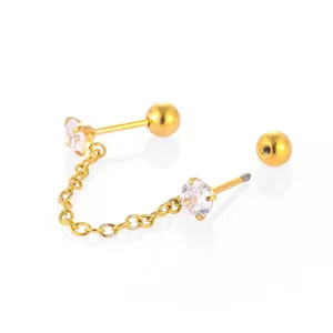 316L Chaine Acier Inoxydable Double Boucle Oreille avec Zircon Piercing Bijoux Neuf