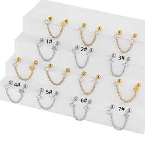 Boucles d'oreilles cartilage chaîne en acier inoxydable avec zirconium et détails.