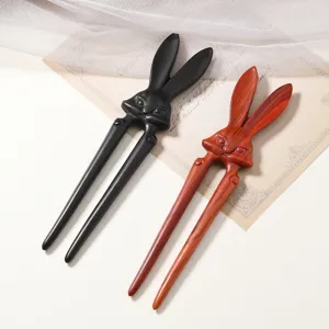 Vintage Chinese Sandalwood Rabbit Hairpin U-Shaped Wooden Hair Stick For Women Handmade Retro Hair Styling Daily Headpiece