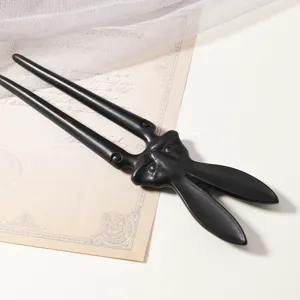 Retro Chinese cute rabbit sandalwood double hair fork U-shaped bun maker elegant daily hair accessory