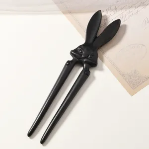 Vintage black wooden rabbit hair pin, cute U-shaped hair fork accessory for daily styling.