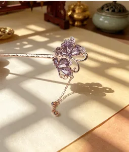 Close up of exquisite purple crystal butterfly rhinestone hair stick tassel detail chinese style.