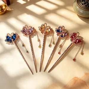 New Chinese Style Antique Butterfly Tassel Hairpin Retro Rhinestone Hair Stick Hanfu Cheongsam Hair Accessory For Women