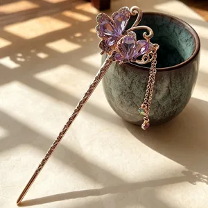 Chinese style butterfly hair stick rhinestone tassel retro hairpin headwear for women