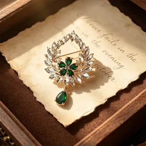 Vintage palace style green crystal wreath brooch pendant elegant women clothing accessories