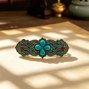 Spilla per capelli in stile palazzo vintage con fiore a quattro petali turchese e smalto elegante