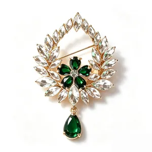 Vintage court style emerald crystal flower wreath brooch with teardrop pendant for elegant coats