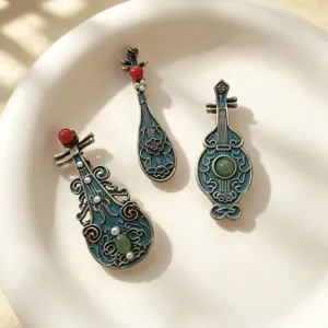 Retro Zinc Alloy Pipa Brooch Imitation Cloisonne Enamel Artificial Pearl Rhinestone Traditional Chinese Style Musical Instrument Brooch Pin Jewelry For Cheongsam Hanfu