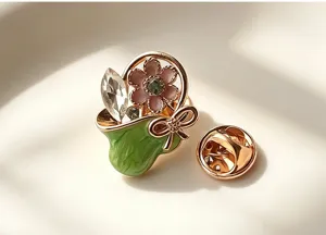 Exquisite enamel flower basket brooch detail, vintage lapel pin with crystal leaf.