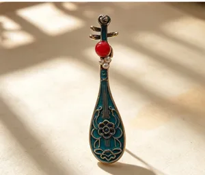 Exquisite Dunhuang style Pipa brooch, retro enamel instrument pin for cheongsam daily wear.