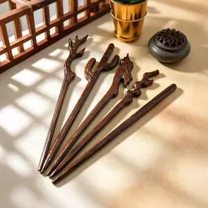 Neo-Chinese Vintage Sandalwood Hair Stick Elegant Hanfu Cheongsam Carved Wooden Hair Clip Chignon Pin Jewelry Accessories For Women