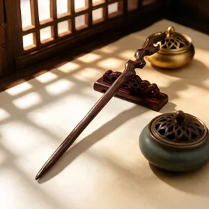 Detailed view of a Chinese retro wooden hairpin on a stand with Zen incense burner decor.