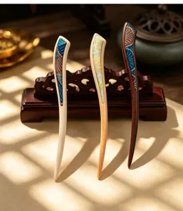 Traditional Chinese style wooden hair stick with vintage wave pattern for Hanfu and cheongsam.