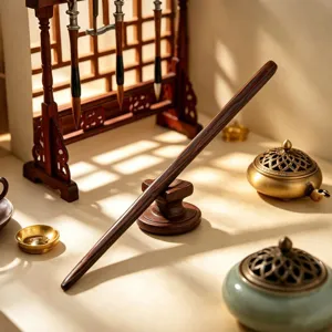 Detailed shot of retro wooden hairpin with stand, zen style hair accessory for hanfu.