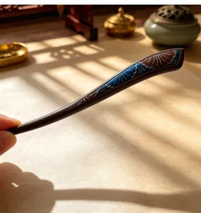 Traditional Chinese style wooden hair stick with brocade wave pattern for hanfu and qipao