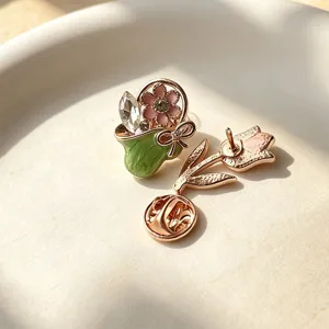 Vintage enamel flower basket and tulip brooch pins cute aesthetic lapel accessories