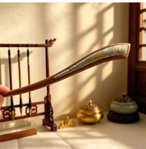 Detailed view of Chinese style wooden hair stick with brocade inlay, traditional design.