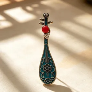 Dunhuang Tang style pipa brooch imitation fired blue red bead instrument corsage pin for women