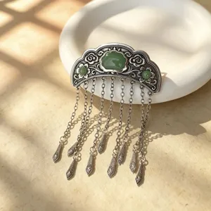 Élégante pince à cheveux style chinois traditionnel avec glands en jade, accessoire rétro.
