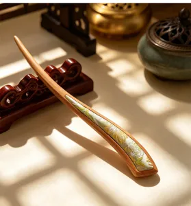 Chinese style wooden hair stick with brocade detail for traditional Hanfu clothing