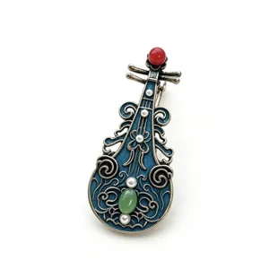 Traditional Chinese Tang style Pipa instrument brooch with blue enamel and pearls for women