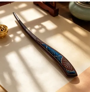Wooden hair stick with imitation Song brocade, Chinese wave pattern hair accessory for Hanfu.
