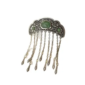 Pince à cheveux pompon jade style chinois rétro épingle argentée accessoires élégants